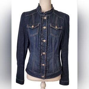 White House Black Market Dark Washed Denim Ruffle Trim Structured Jacket Size 12